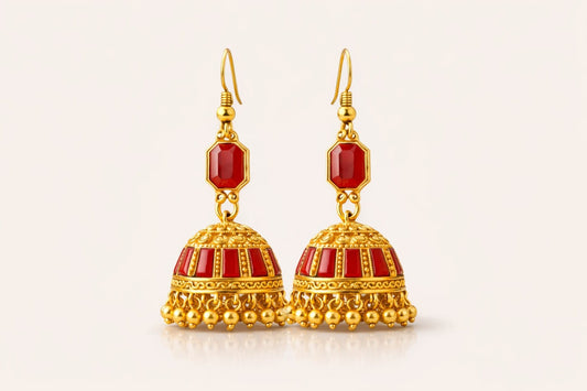 Mehr-e-Zar – Shahi Red & Gold Jhumka | Elegant Festive Earrings for Women