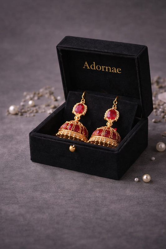 Mehr-e-Zar – Shahi Red & Gold Jhumka | Elegant Festive Earrings for Women
