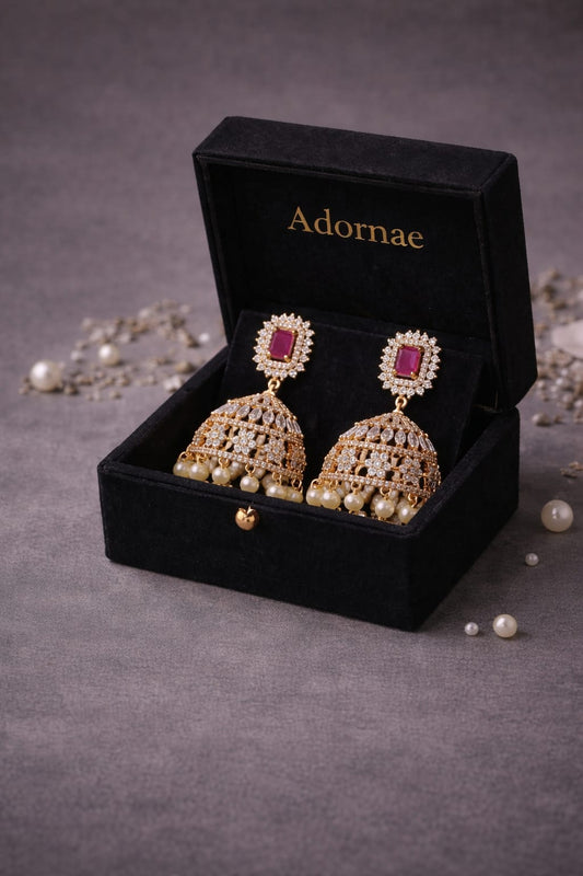 Surkh-e-Naz Jhumka Earrings – Premium Ruby Bridal Jewelry | Limited Stock